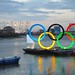 The Olympic rings and the O2 at dusk