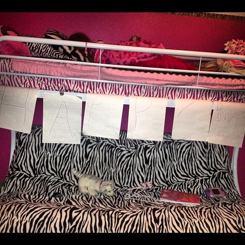 Hanging from Karli's bed this morning. I know you can barely read it, it says HAPPY Birthday Mom!