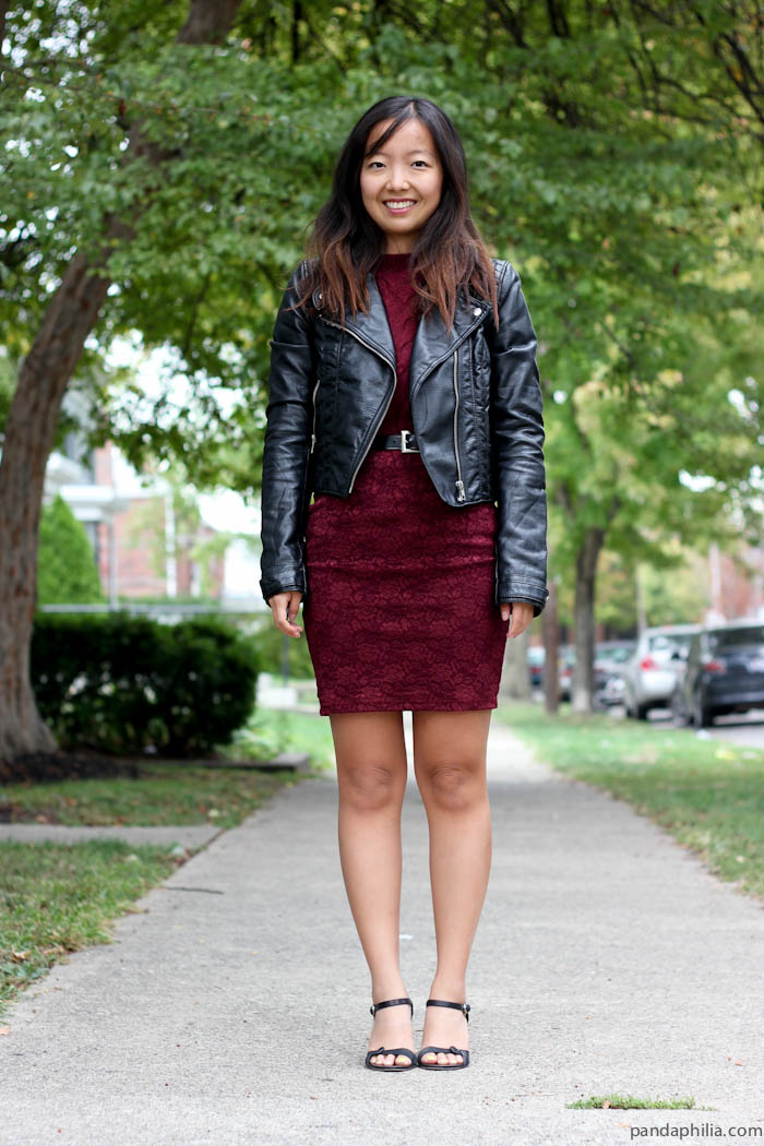 leather and burgundy night look