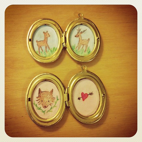 Making some oval lockets with miniature artwork inside! Deer and fox an heart. #handmade #etsy #craft