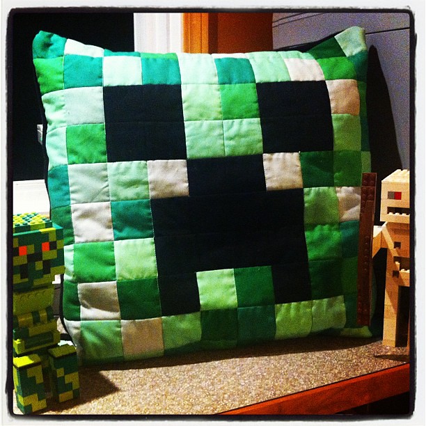 Minecraft Creeper pillow which I crafted today.  Ssssssss.....BOOM.