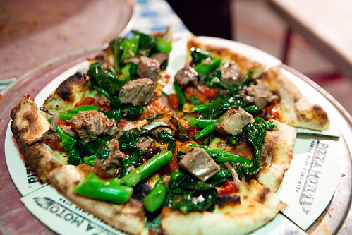 Stir fried beef and Chinese broccoli pizza (PizzaMoto & Danny Bowien of Mission Chinese collaboration)