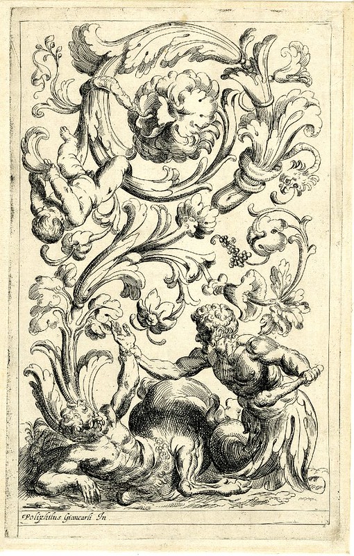 centaur and satyr in abstract ornamental 17th c. etching