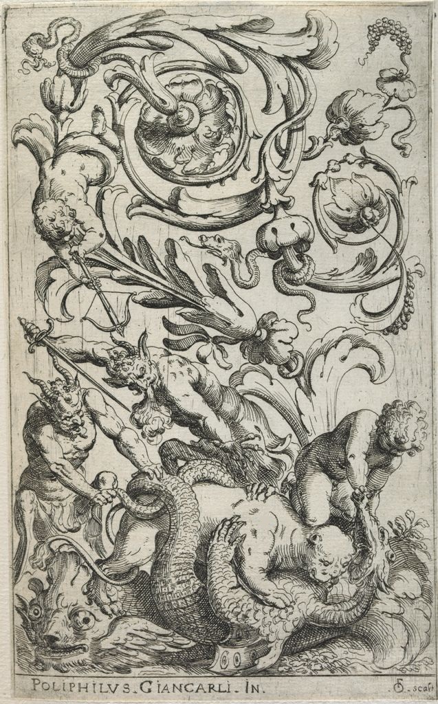 etching of grotesques - panther biting a dragon, armed satyrs, putti and abstracted foliage