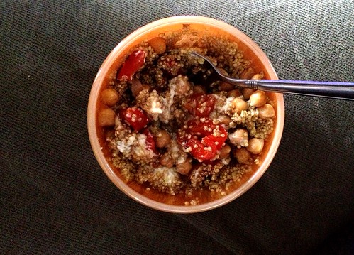 Quinoa with chickpeas, roasted red peppers, quark and feta