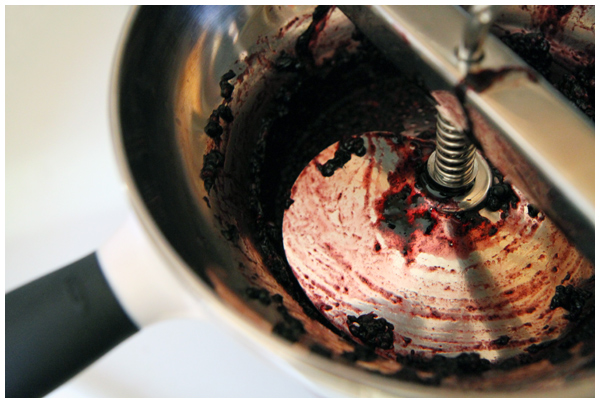 Making blackberry sauce with the Oxo food mill