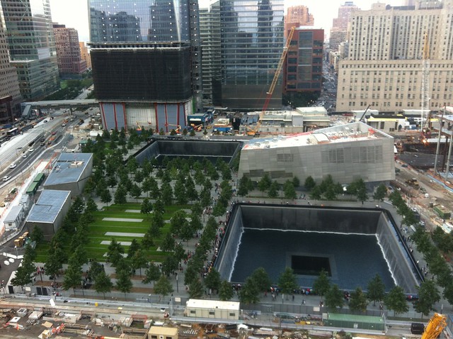 View of the World Trade Center memorial from the hotel bar -