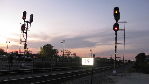 Railroad block signals against the twilight sky.  Glenview Illinois.  September 2012. by Eddie from Chicago