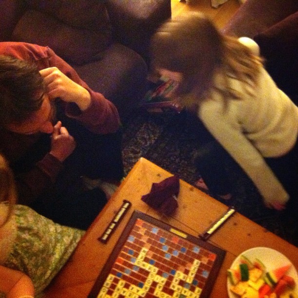 Last night. First scrabble game for the 9-year old. #scrabble #spelling #unschooling