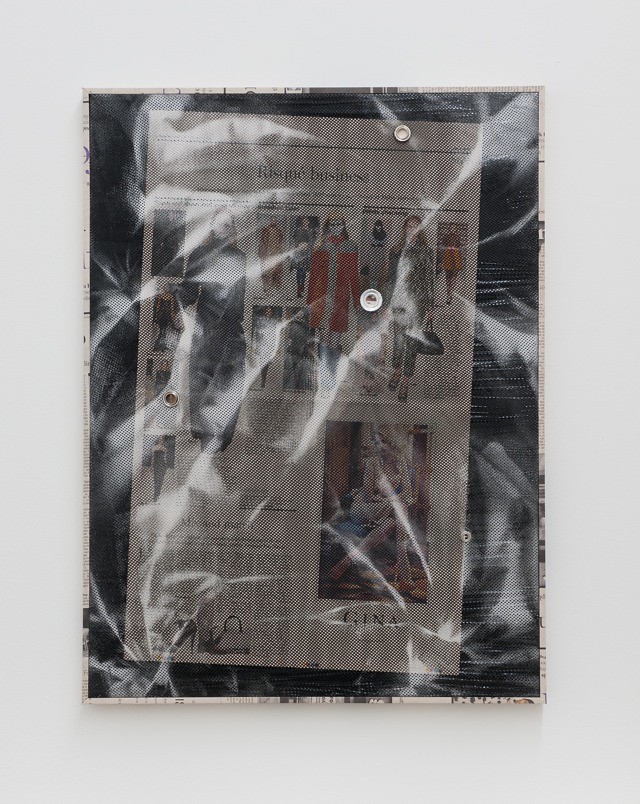 RL2012 Risquée business (FT Weekend series), 2012 Mesh fabric, spray paint, eyelets, news paper page, mdf, artist frame 63 x 44 cm