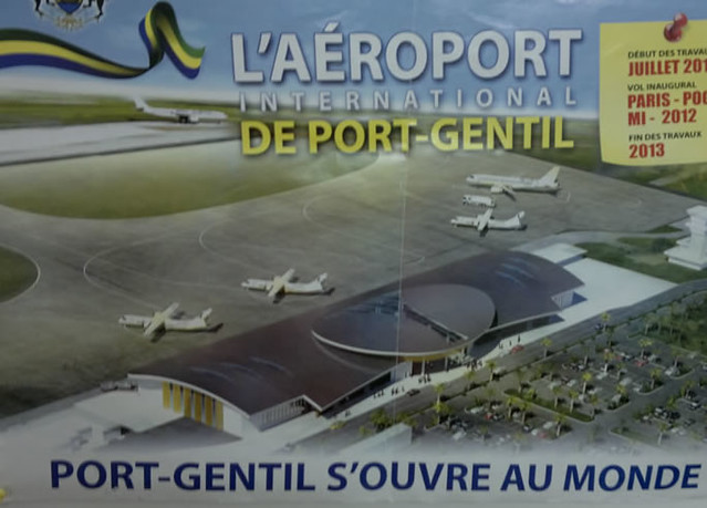 An ad for Paris - Port Gentil flights from the planned new airport