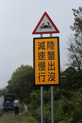 去年豎立的指示牌，提醒行人為陸蟹減速慢行。