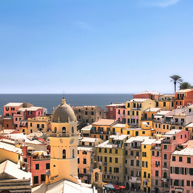 Vibrant hues of Vernazza above the Mediterranean Sea