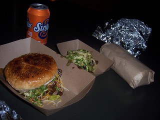 Pacman burger, short rib taco, spicy pork burrito