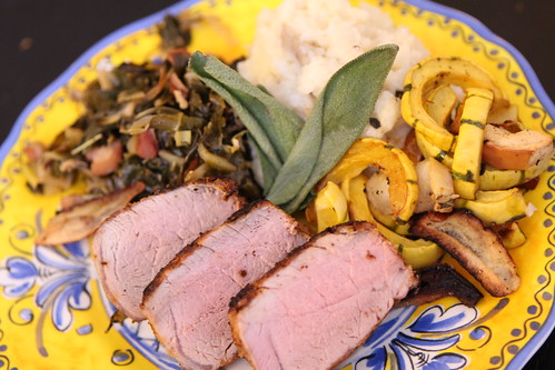 Roast Pork Tenderloin with Delicata, Stewed Kale, and Celeriac Mashed Potatoes