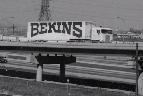 An eastbound Bekins Van Lines semi moving truck, exits the I-55 Stevenson Expressway at South Pulaski Road.  Chicago Illinois.  April 1989. by Eddie from Chicago