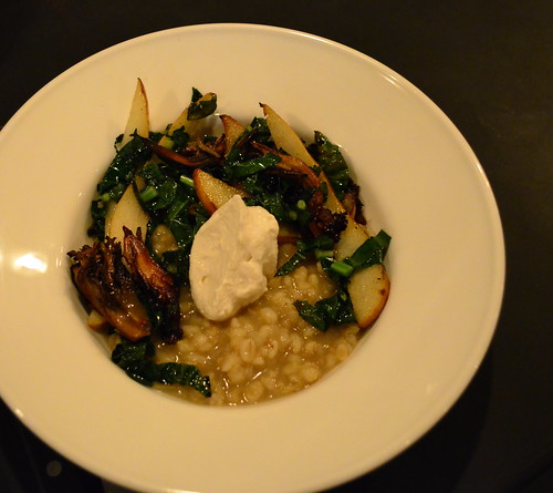 Malted Barley Porridge with Smoked Mushrooms and Roasted Pears