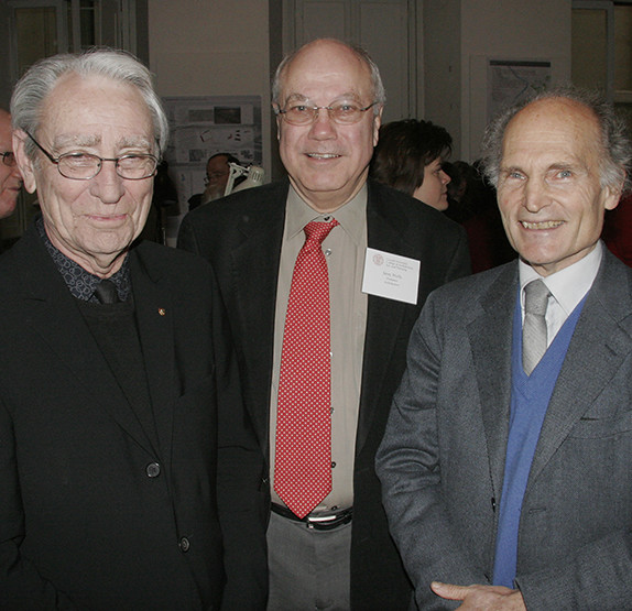 Architecture professor Jerry Wells (center) with two of the Cornell in Rome program founders; William McMinn (left) and Robert Einaudi (left), taken during the program’s 20th anniversary celebration. Wells will be leading tours during the 30th celebration in March.