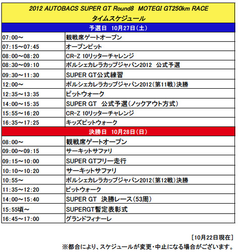 2012 SUPERGT第8戦もてぎ タイムスケジュール（暫定）