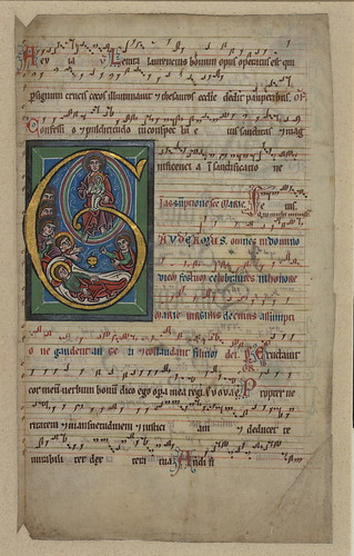 Single leaf from a Gradual with the Assumption of the Virgin, Initial G with the death and assumption of the Virgin, Walters Manuscript W.756, fol. W.756v by Walters Art Museum Illuminated Manuscripts