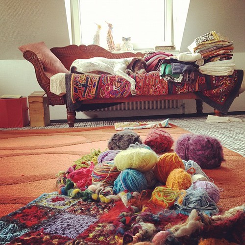 Planning #grannysquares #crochet #yarn #germanshorthairpointer #dog