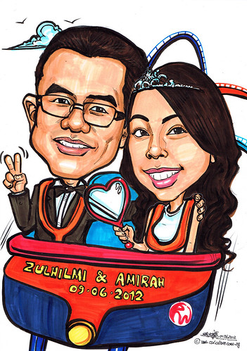 Wedding couple caricatures at RWS roller coaster