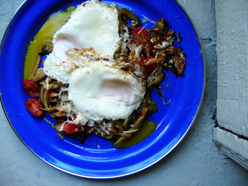 fried eggs and eggplant noodles