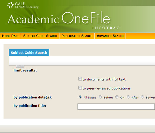 screenshot: Academic OneFile page with search box and limiters