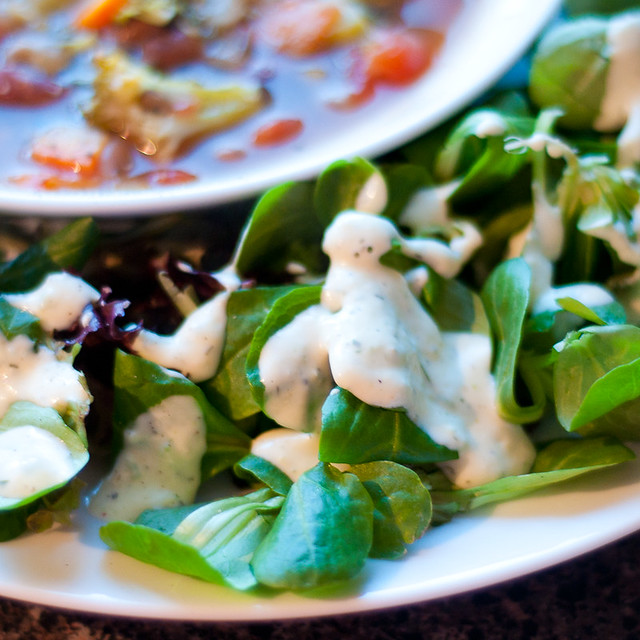 hearty minestrone with buttermilk ranch salad