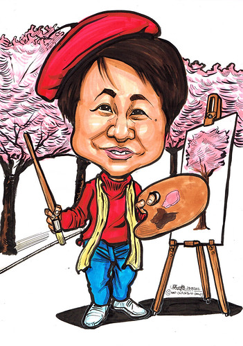 artist caricature painting cherry blossoms