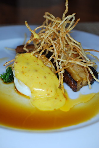 Bacon Pickled Pork Belly with Ramp Kraut and Fried Egg and Spicy Hollandaise