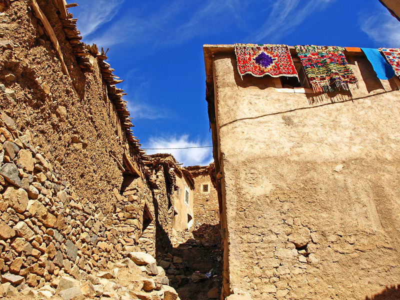 Airing carpets, Berber Village, High Atlas Mountains, Morocco