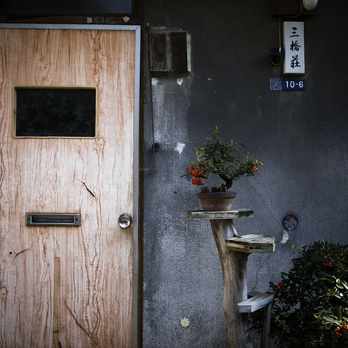 Red Door Yanaka, with Potted Plant Pedestal