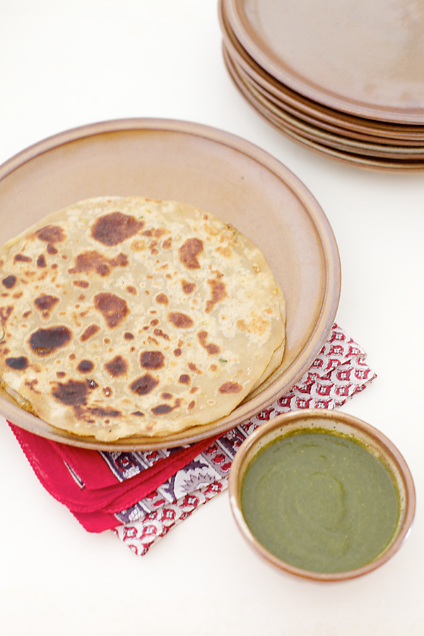 Mooli Paratha/Radish Stuffed Indian Flatbread With Mint Coriander Green Chutney