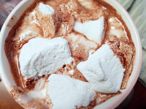 A cup of cocoa with peppermint marshmallows.