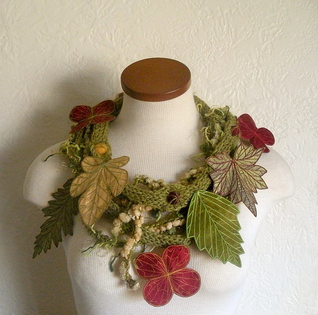 Avocado Green Leaf Scarf with Embroidered Leaves of Red, Yellow Gold, and Green
