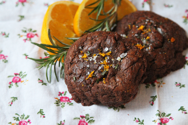 molten chocolate cookies with sea salt, rosemary, and orange zest