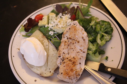 Pan-Seared Chicken, Baked Potato, Broccoli, and Salad