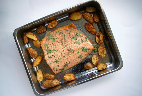 Roasted salmon and potatoes with mustard-herb butter