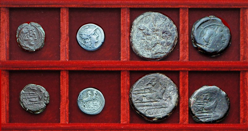 RRC 160 dolphin quadrans, RRC 161 TAL Juventia denarius, bronzes, Ahala collection, coins of the Roman Republic