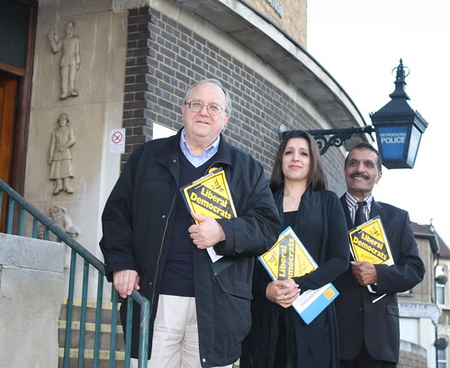 Councillors Bob Sullivan, Naheed Qureshi and Farooq Qureshi outside the Francis Road Police Station