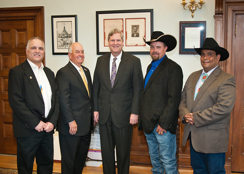 Agriculture Secretary Tom Vilsack meets with members of the Council for Native American Farming and Ranching at the Agriculture Department on December 5th.  (Left to right)  Gerald Lunak, Jerry McPeak, Sec. Vilsack,  Porter Holder, and Mark Wadsworth