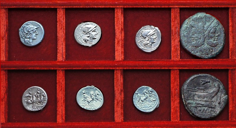 RRC 157 cornucopia denarius, RRC 158 Luna in biga denarius, RRC 159 fly denarius, as, Ahala collection, coins of the Roman Republic