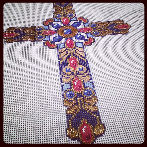 Progress on needlepoint cross. Almost all the gold is done!