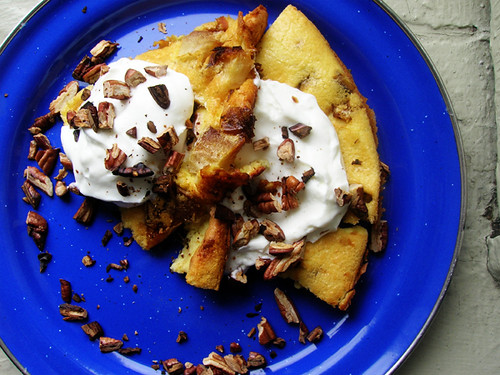 sweet clafouti with roasted apples, greek yogurt, and pecans