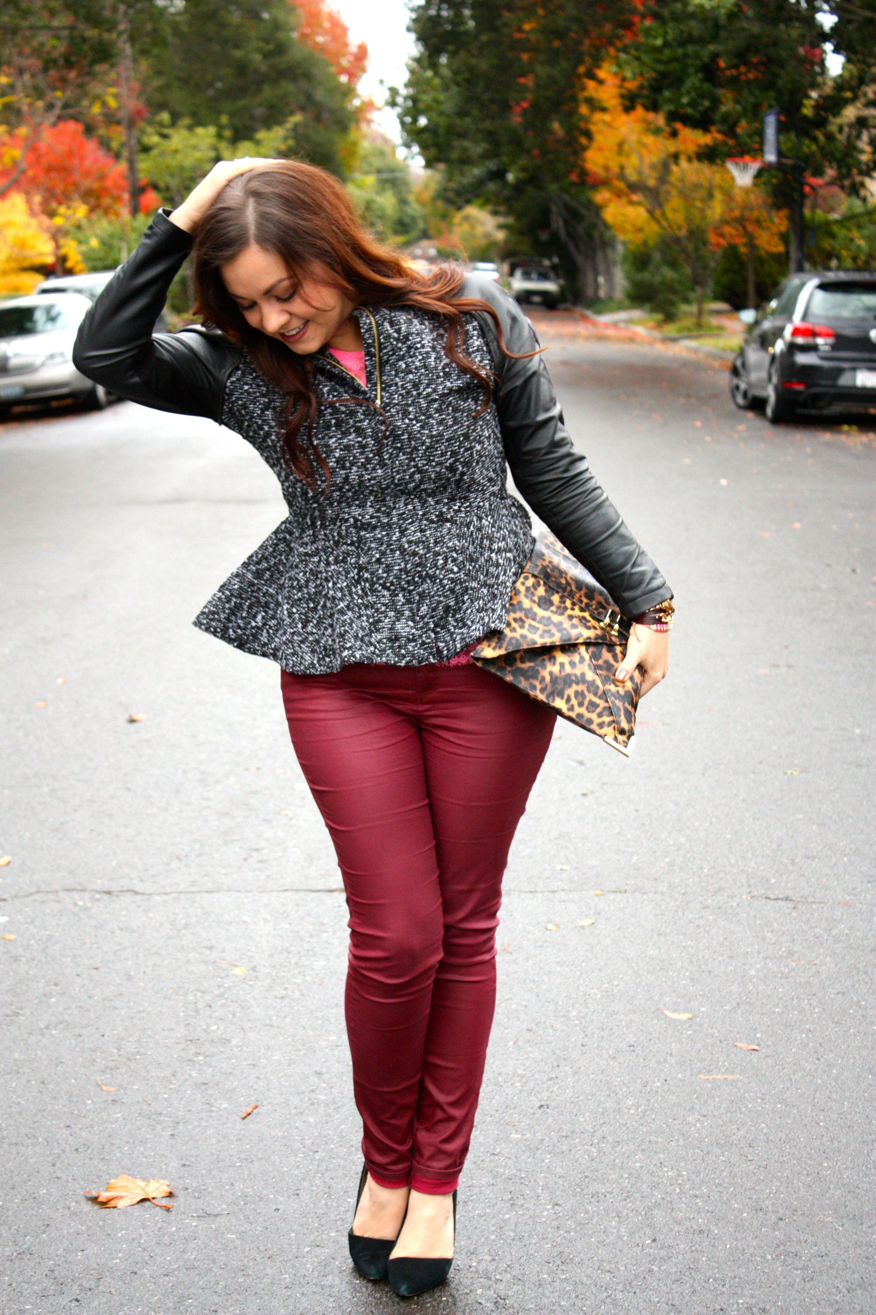 neon lace top - burgundy waxed jeans - tweed and leather peplum jacket - leopard envelope clutch03