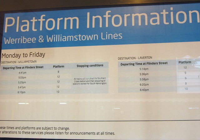 Williamstown/Laverton trains depart from platforms 8, 9, 10, or 12