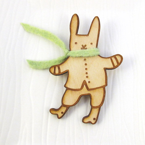 Winter Bunny With Green Scarf Wood Pin 1