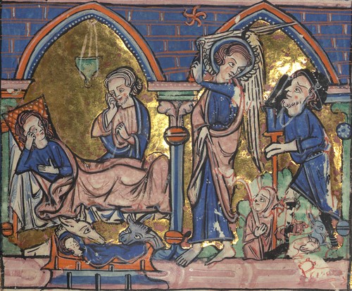 Carrow Psalter, Above: Annunciation/Visitation; Below: Nativity/Annunciation to the shepherds, Walters Manuscript W.34, fol. 23r detail by Walters Art Museum Illuminated Manuscripts