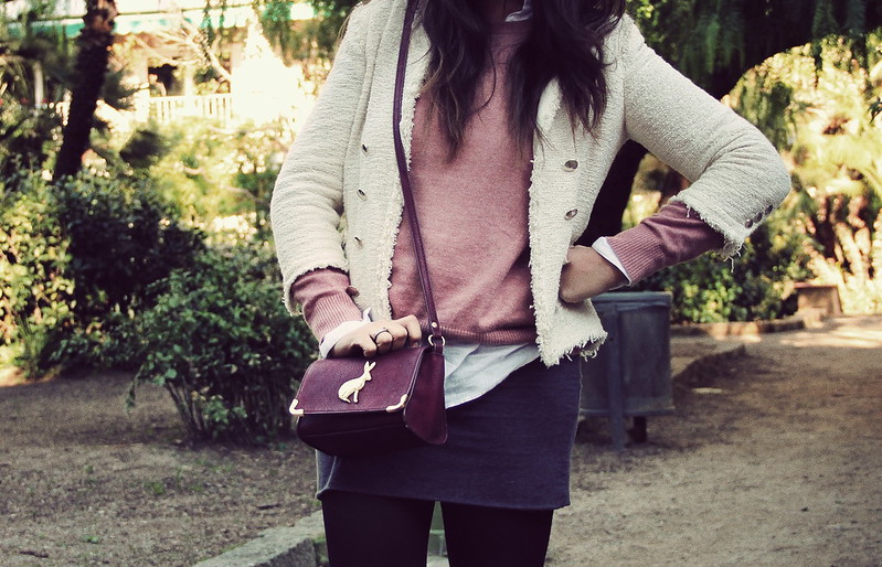 Look falda gris + rosa+ chaqueta tweed